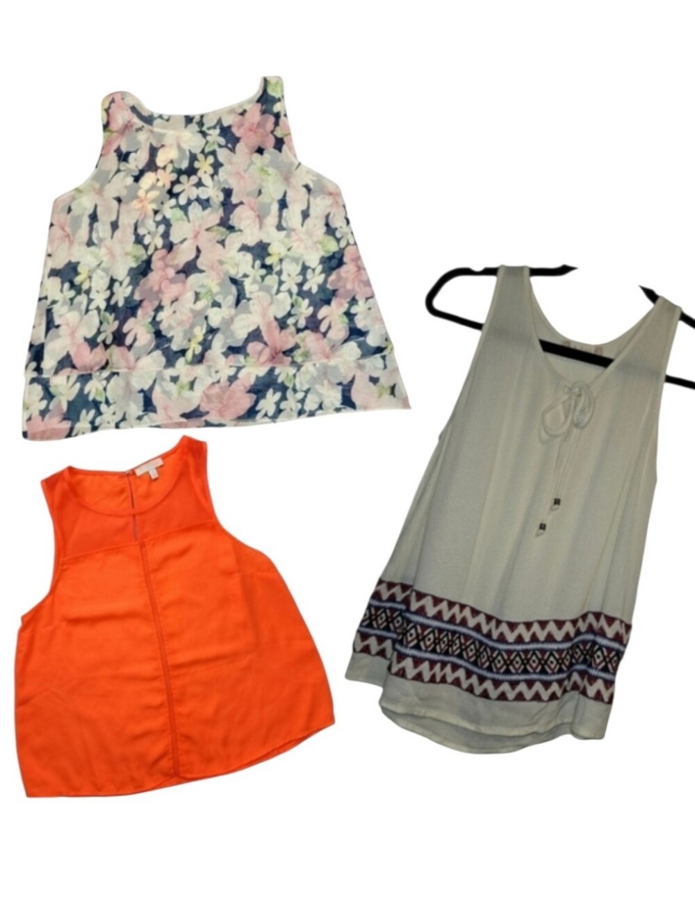 3 Tank Tops Lot Women Size Medium Floral, Orange, & Boho Tassel Flowy Sleeveless